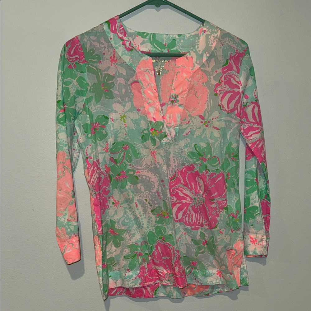 Lilly Pulitzer Amelia Island  Floral Blouse 3/4  - Pink and Green